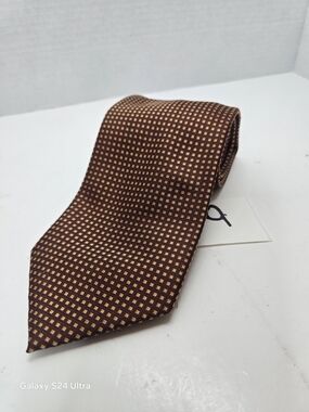Pietro Baldini Men's Brown and Gold Grid Pattern 100% Silk Necktie Tie